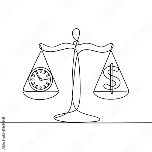 Balancing time and money on a scale in a minimalist line art style