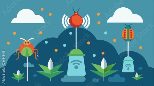 A network of smart weather stations collects data on wind patterns and humidity levels triggering an IoTbased pest repellent system when conditions are favorable for pest activity.. Vector