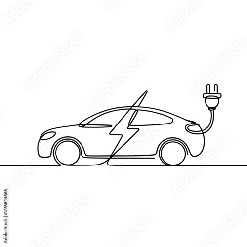 Continuous line drawing of an electric car with a lightning bolt and charging plug