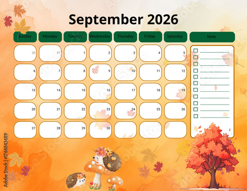 2026 Monthly calendar, Pastel seasonal 