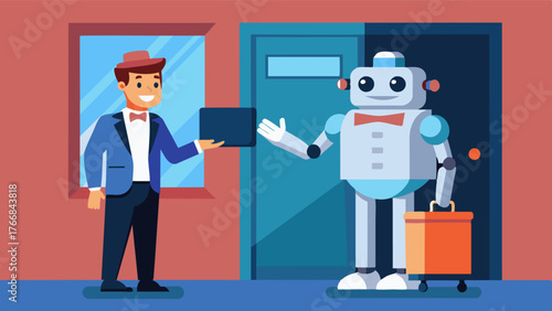 As the freelancer checks out they are greeted by the friendly hotel robot who thanks them for their stay and wishes them well on their future endeavors.. Vector illustration