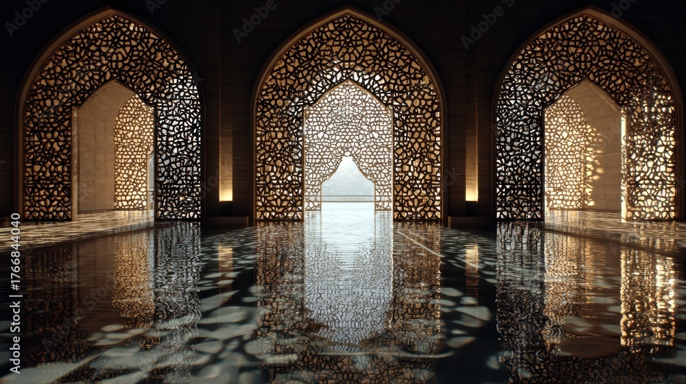 Fototapeta premium Beautiful architectural design with intricate patterns and water reflections inside a serene space
