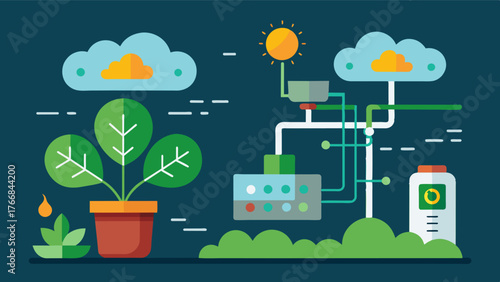 A machine learning algorithm that predicts and adjusts conditions based on weather patterns and plant needs.. Vector illustration