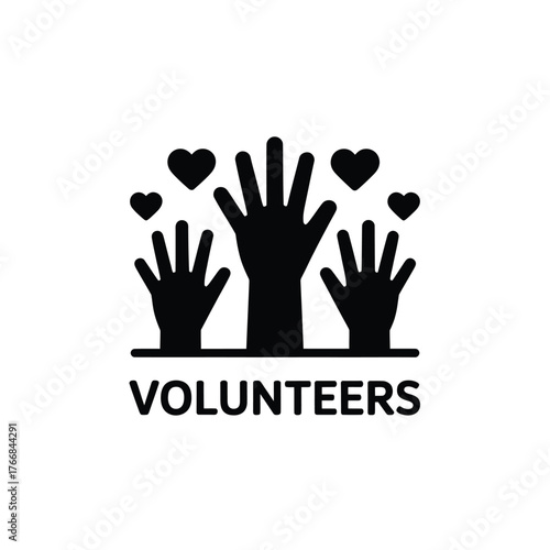 Silhouette of raised hands with hearts above the word volunteers