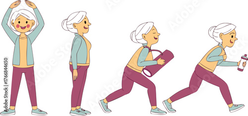 Fun illustration of a smiling woman in a blue dress and a happy child in a swimsuit