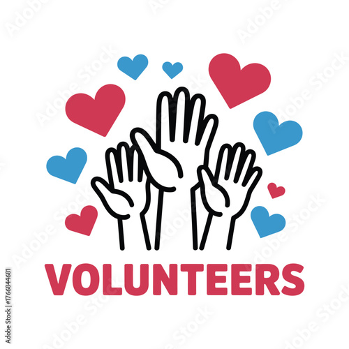 Hands raised in support surrounded by hearts symbolizing love and volunteerism