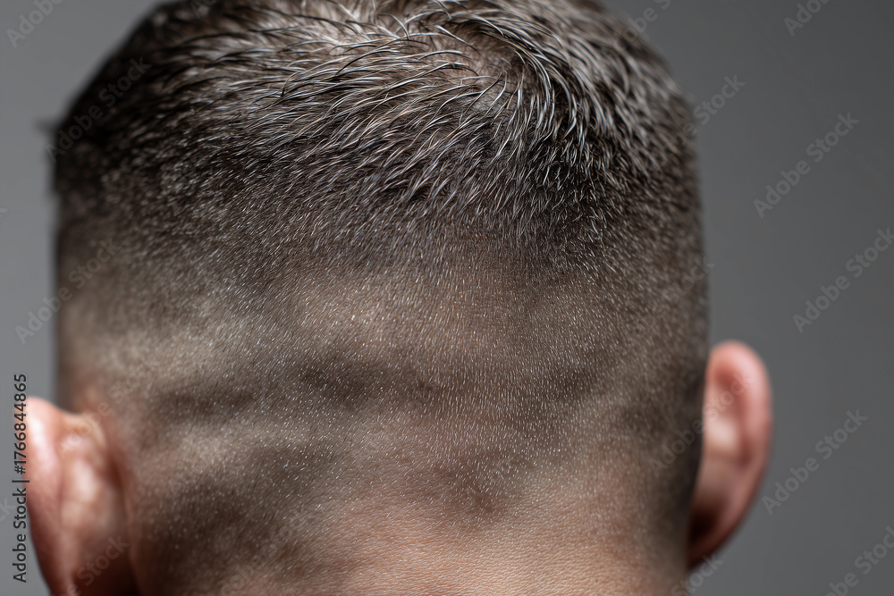 Naklejka premium Close-up view of a fresh fade haircut showcasing a smooth texture and precise styling techniques in a modern grooming setting