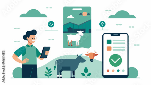 A mobile app that allows farmers to remotely monitor their livestocks health and receive notifications for any potential health issues.. Vector illustration