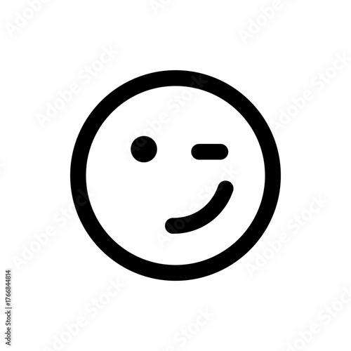 A simple black and white winking face emoji with a circular head and minimalist facial features design style