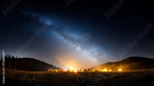 Night landscape with glowing village under starry sky and Milky Way, symbolizing tranquility, wonder and connection with nature.
