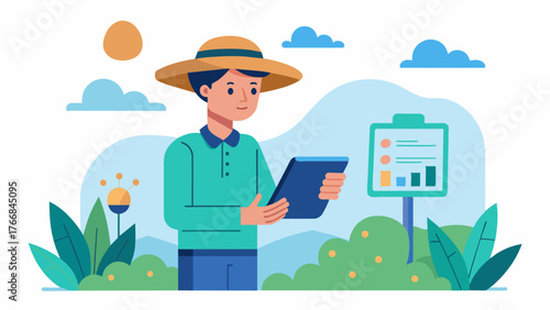 A farmer receiving monthly water usage reports from their smart irrigation controller providing valuable data for making more efficient irrigation plans.. Vector illustration