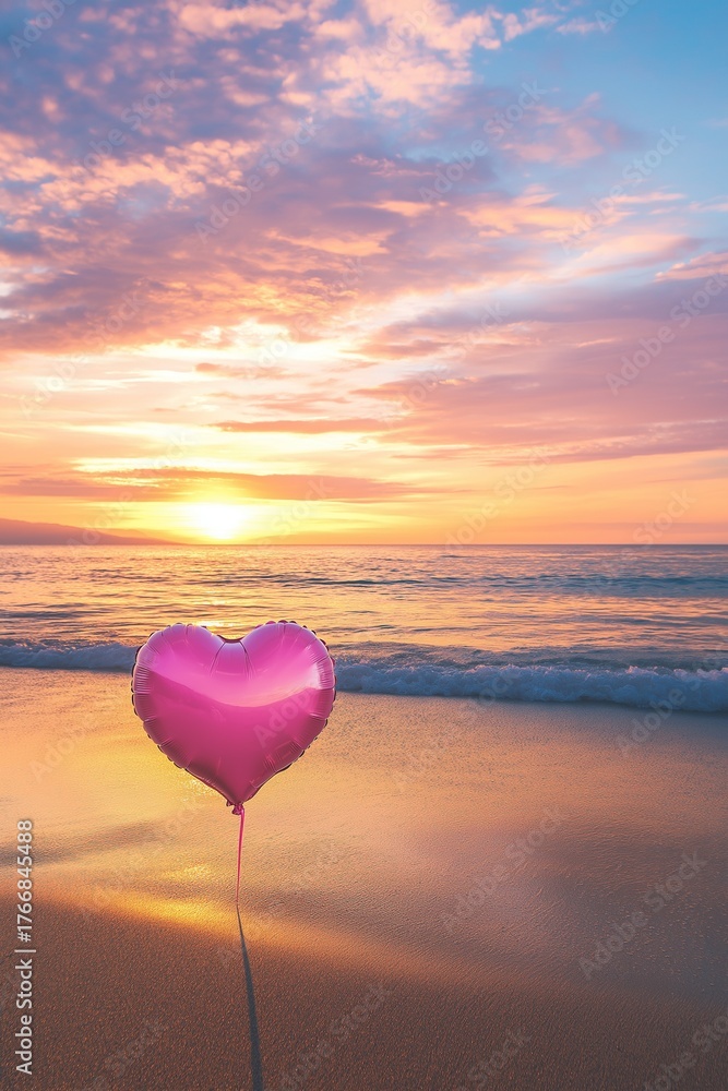 Fototapeta premium A pink heart-shaped balloon floats on a beach at sunset with golden light reflecting off the tranquil sea and sky, creating a romantic atmosphere
