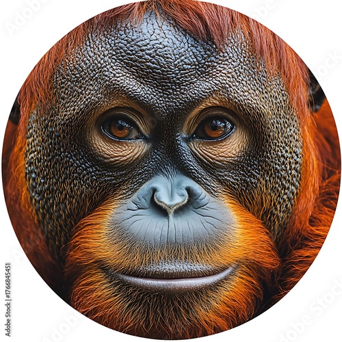Close up portrait of a male orangutan face with detailed fur and skin texture primate photo