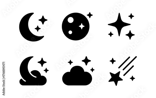 Minimalist celestial icons: moon, stars, clouds, and meteor silhouettes