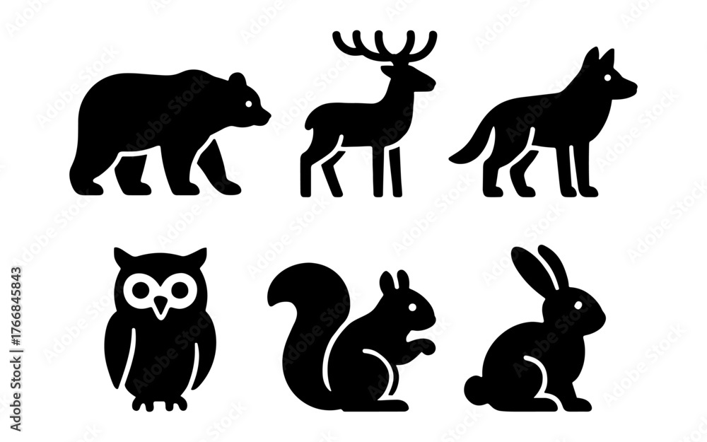 Fototapeta premium Silhouette wildlife icons: bear, deer, wolf, owl, squirrel, rabbit