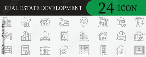 Real estate development icon set with modern building, architecture, construction, housing, and investment symbols. Editable vector for property business