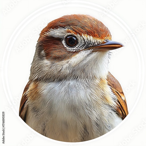 Close up portrait of a small brown and photo white bird with detailed feathers Keywords: bird