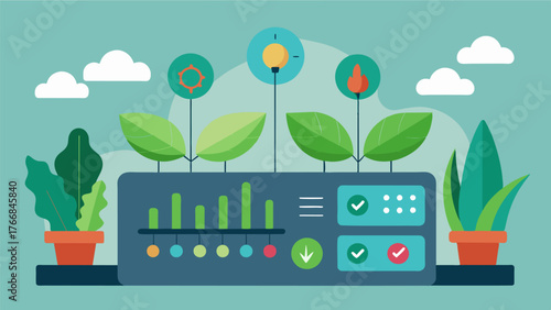 A centralized control panel allows for easy and precise adjustments of CO2 levels based on the specific needs and growth stages of different plant varieties.. Vector illustration