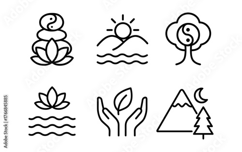Minimalist zen icon set: nature, meditation, mountains, and harmony