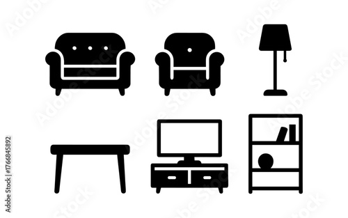 Minimalist black silhouette icons of living room furniture and decor elements