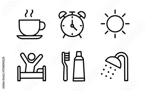 Minimalist morning routine icons: coffee, alarm, sun, wake up, hygiene, shower