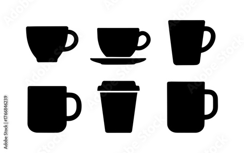 Silhouette set of various coffee cups for cafes and beverage packaging design