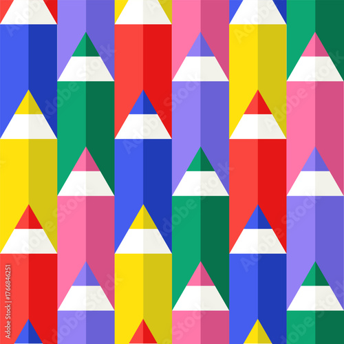 Coloruful Geometric Pencil Seamless Pattern Design with Bright Vibrant Pencils and Symmetrical Layout
