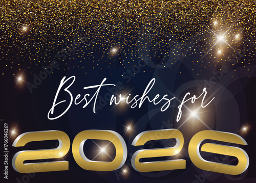 2026 Happy New Year greeting card featuring a blue background 