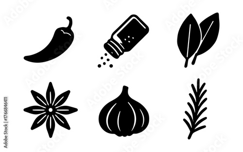 Spice and herb icons: silhouette design of pepper, salt, garlic, and bay leaf