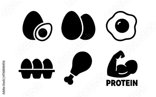 Silhouette collection of protein-rich foods and fitness symbol icons
