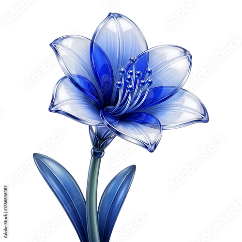 A beautiful blue glass flower with translucent petals, isolated on transparent background