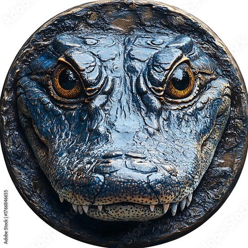 Close Up Realistic Alligator Face With Intense Orange Eyes And Dark Texture crocodile photo