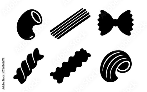 Assorted pasta silhouettes: variety of shapes in minimalist black and white