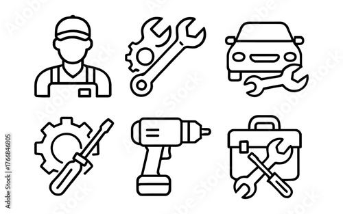Auto maintenance icons set featuring mechanic, tools, and car in linear style