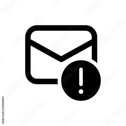 An illustration of a black outlined email envelope with an exclamation point notification icon present