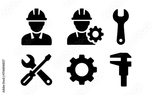 Set of tools and construction worker icons in silhouette style