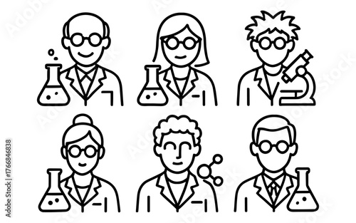 Linear science icons: chemists and researchers in laboratory equipment outline style