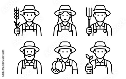 Minimalist line art farmers with tools and crops