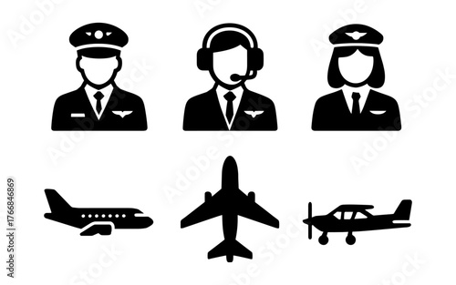 Silhouette icons of pilots and airplanes in simple black design