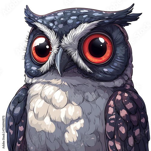 Close-up Cartoon Owl Portrait with Big Red Eyes bird wildlife photo