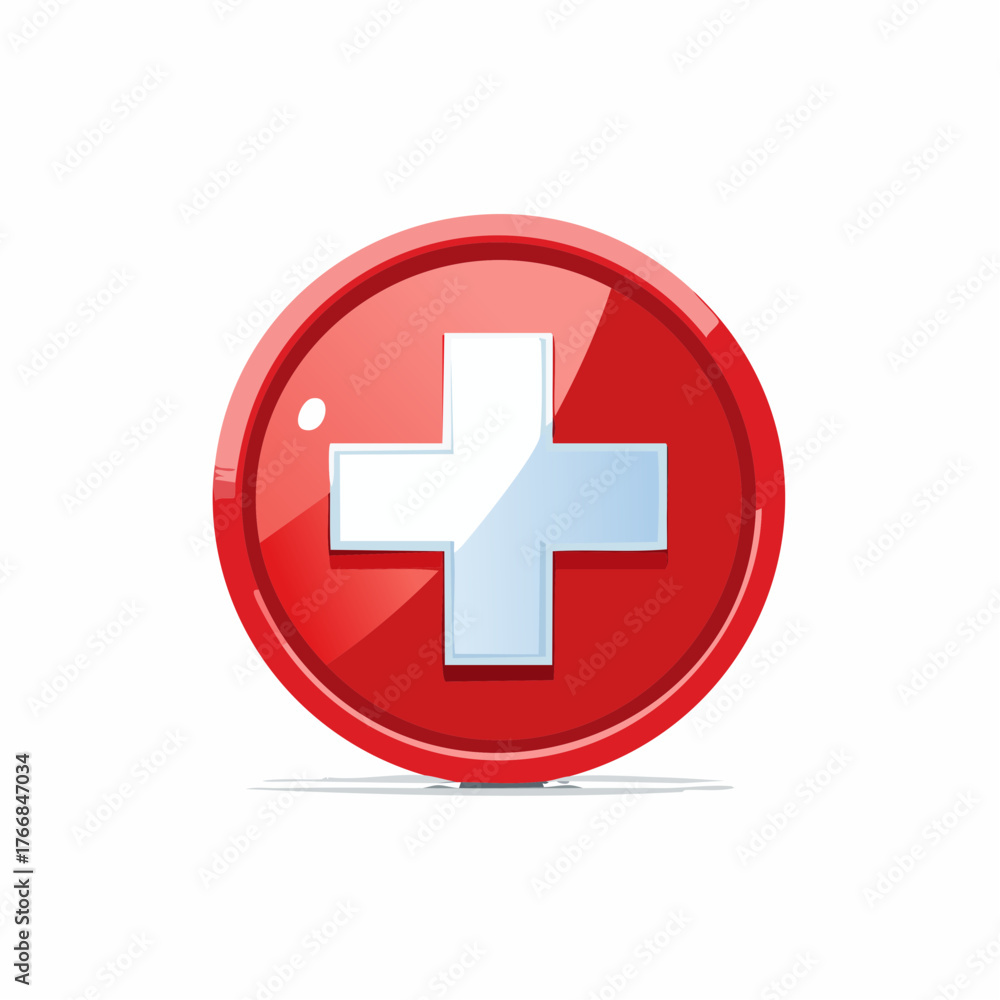 Fototapeta premium Red glossy button with white plus sign isolated on white background