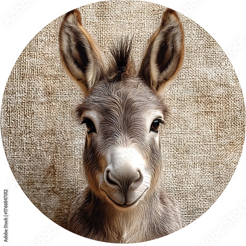 Close-up Donkey Face on Burlap Texture photo Background animal mammal