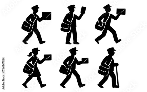 Diverse mail carriers in action: walking, running, and delivering packages in silhouette style