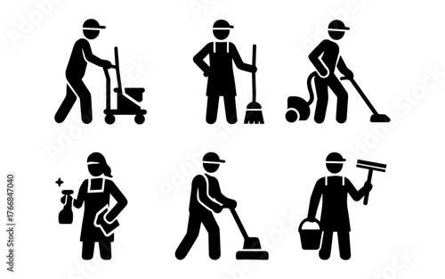 Silhouette cleaning crew icons: housekeeping, vacuuming, dusting, mopping, glass cleaning