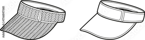 Two visor illustrations showing herringbone textured and plain styles for sun protection, fashion accessory sketch, cad drawing flat vector illustration