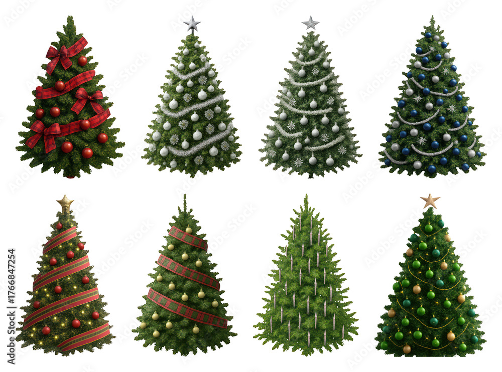 Fototapeta premium PNG Festive decorated Christmas trees collection, element set on transparent background