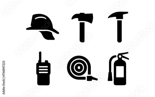 Firefighter equipment silhouettes: tools and safety gear icons
