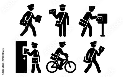 Silhouette mailman icons: postal worker activities and mail delivery symbols