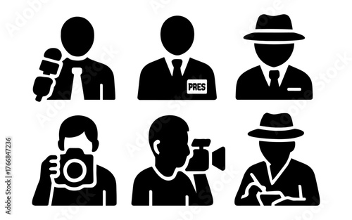 Silhouette icons of professionals in business, media, and journalism attire