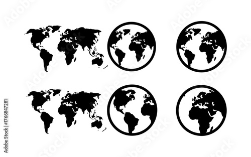 Silhouette world maps and globes set in black and white design